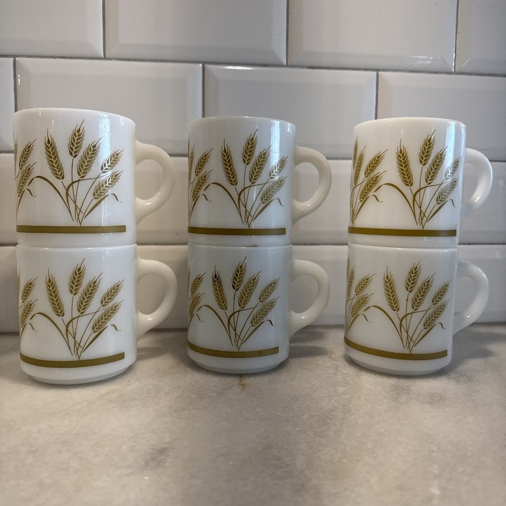 Vtg‎ Hazel Atlas Milk Glass Mug MCM Golden Wheat Design Set Of 6 ONA6421